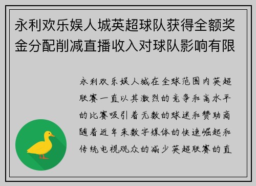永利欢乐娱人城英超球队获得全额奖金分配削减直播收入对球队影响有限 - 副本