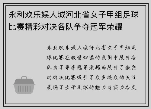 永利欢乐娱人城河北省女子甲组足球比赛精彩对决各队争夺冠军荣耀