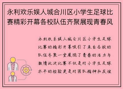 永利欢乐娱人城合川区小学生足球比赛精彩开幕各校队伍齐聚展现青春风采